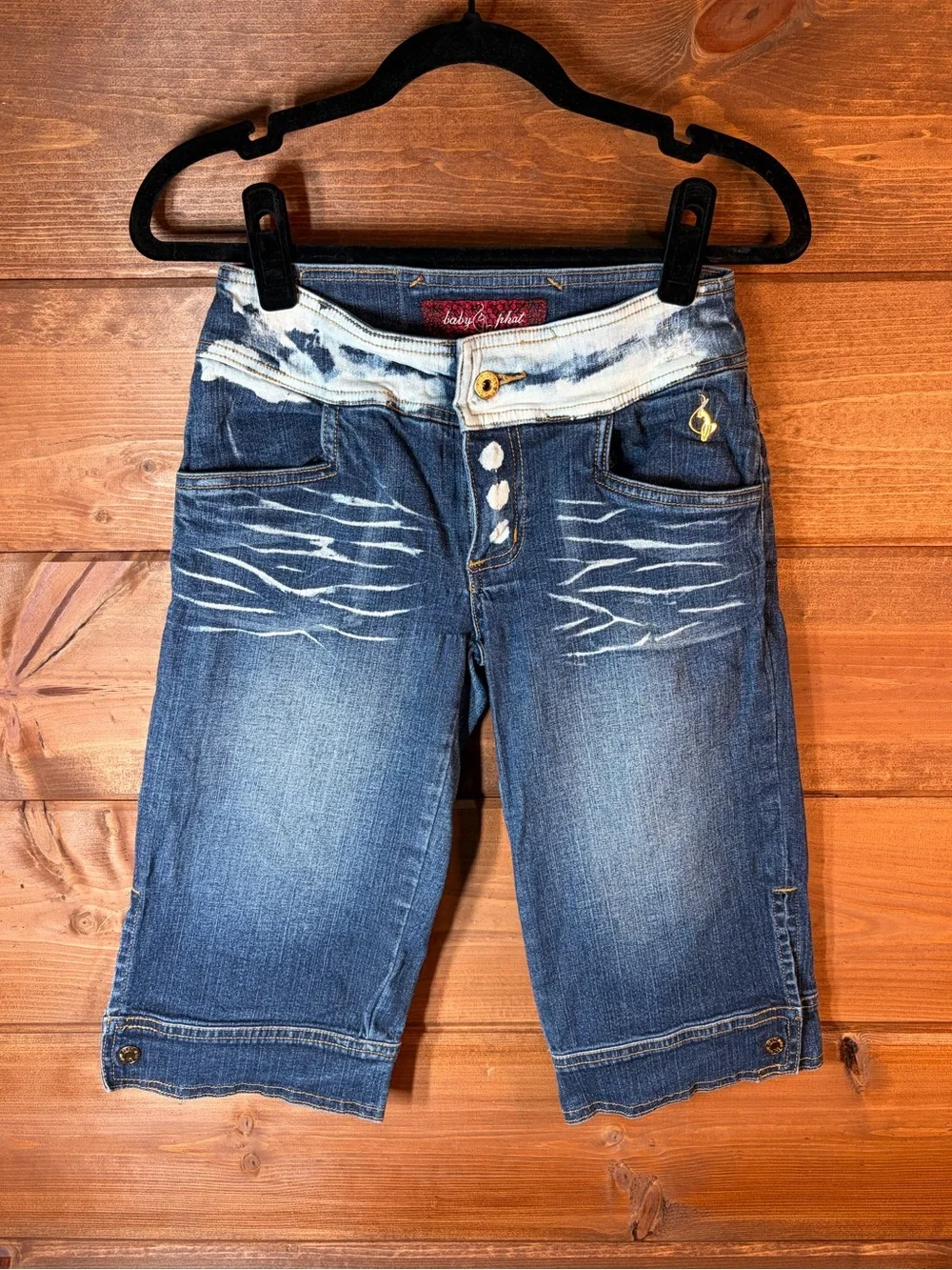 Baby Phat Y2K Stretch Long Jean Shorts with Multicolor Floral Embroidery Size 0